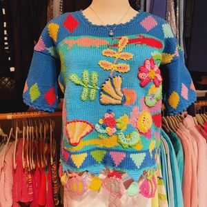 CULLINANE ♡ Beautiful Vintage Bright Colors Beach Sea Fish Ocean Coral Sweater S